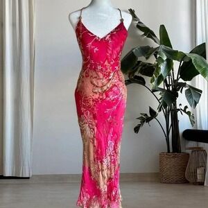 Y2K RARE GRAIL Caché Beaded Silk Floral Maxi Dress size 10 Prom homecoming